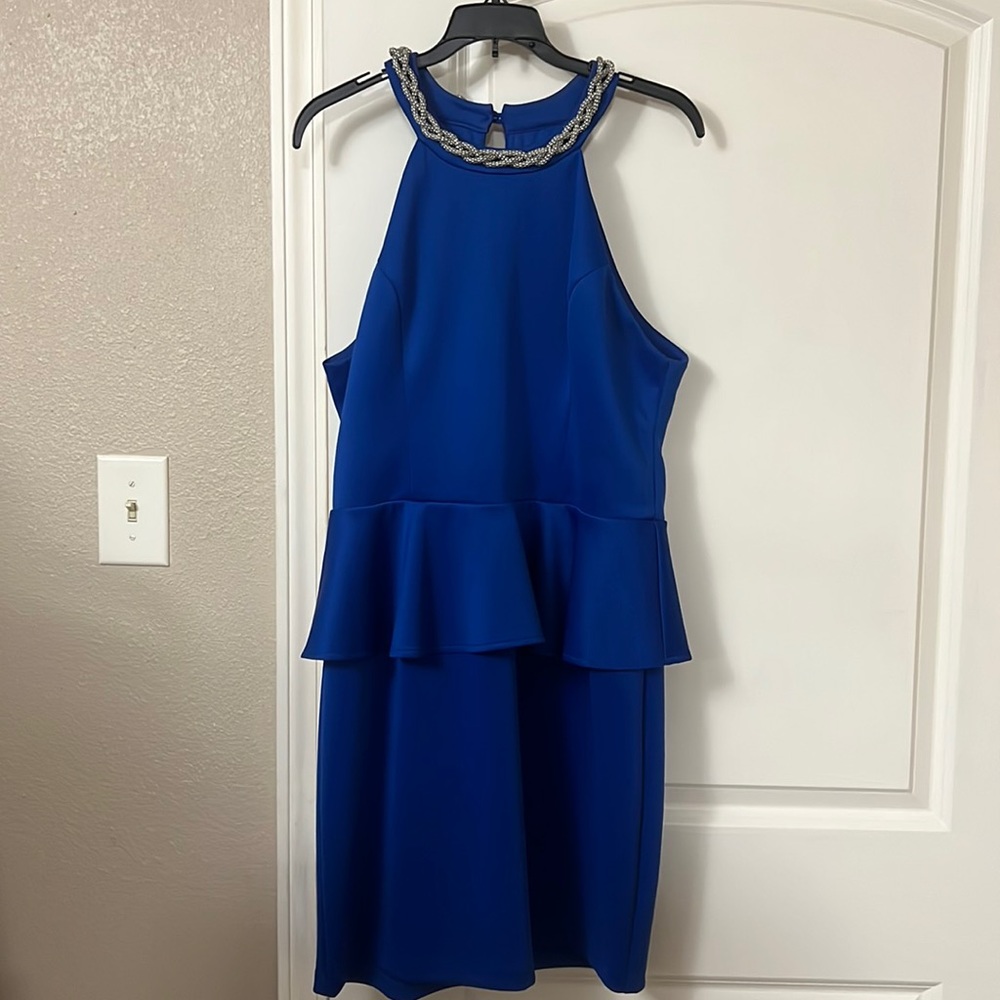 Bisou Bisou Royal Blue Sleeveless Peplum Dress w/ Silver Neck Detail